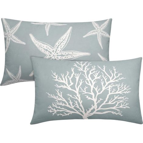 Funda de almohada azul claro con forma de estrella de mar, 30 x 50 cm, juego de 2 piezas, funda de cojín de algodón y lino estilo náutico, apta para sofás, dormitorios, uso interior/exterior – compati