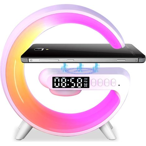 Lampe a Chargeur Sans Fil, Enceinte Sans Fil Multifonctions Reveil 10 Couleur de Lumière Lampe d'ambiance LED avec Haut Parleur Bluetooth, Lampe Réveil Chargeur pour Bureau ou Maison (Blanc) (1/5)