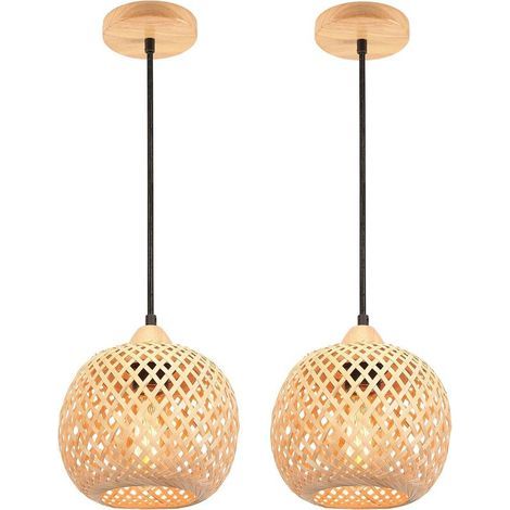 Lots de 2 Suspension en Bambou Tissage Lustre Style bohème Abat-jour en bambou Lampe de plafond Vintage Luminaire Plafonnier de Décoration pour Restaurant, Salon, Cuisine, Café (1/5)