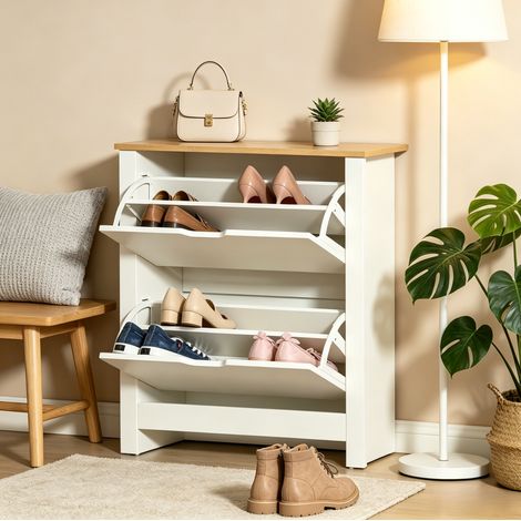 Cabinet de rangement étroit en panneau MDF E1, bois naturel et blanc, pour chaussures (1/5)