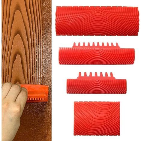 Set di 4 pezzi per decorazione murale, in gomma, effetto venatura legno, colore rosso. (1/4)