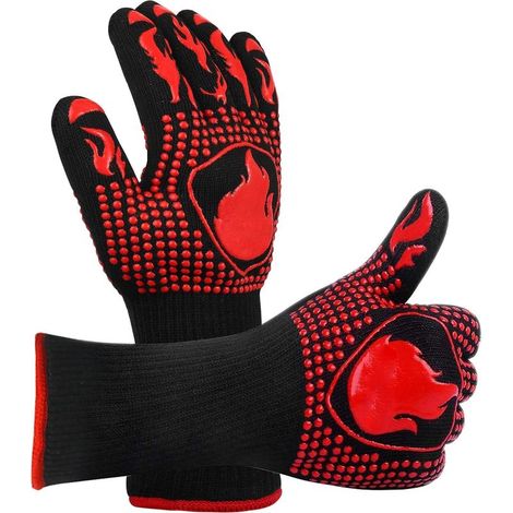 Gant Barbecue, Gants Anti Chaleur Jusqu'à 800°C Universel Gants de Cuisine Résistant à la Chaleur et Antidérapants Gants pour BBQ Grill Four Cuisine et Cheminée [1 Paire] - Rouge (1/5)