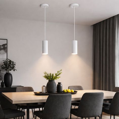 Hängeleuchte skandinavisch Hängelampen Wohnbereich Modern Pendelleuchte einflammig, Metall weiß MDF Holzoptik, 1x GU10 Fassung, LxBxH 10x10x120 cm, 2er Set