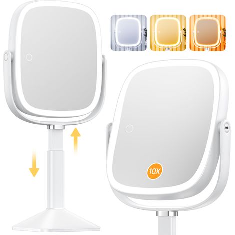 Miroir de maquillage rectangulaire éclairé grossissement x10 3 couleurs hauteur réglable batterie 4000 mAh chambre à coucher salle de bain (1/5)