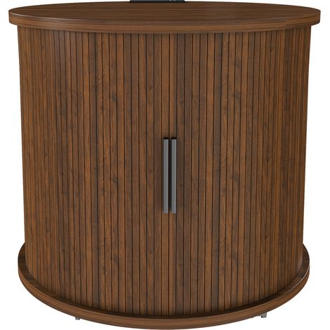 CHICFURN Mesita de noche cilíndrica con estación de carga, puerta corredera, almacenamiento de 2 niveles y ruedas 360°, estilo mid-century, madera oscura (1/5)