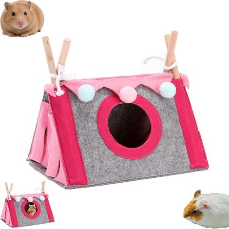 Tente pour hamster - Coin ombragé pour petits animaux - Rose - Cachette triangulaire pour hamsters - 28 x 19,5 x 17 cm - Cachette pour cochons d'Inde - Tente pour hamster rose (1/5)