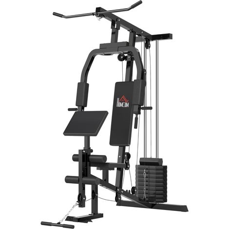 Station de musculation multifonctionnelle à domicile avec poulie haute, poulie basse, barre courte pour biceps, presse pectorale, presse à jambes, machine papillon, jeux d'haltères de 45 kg (10 × 4,5 (1/5)