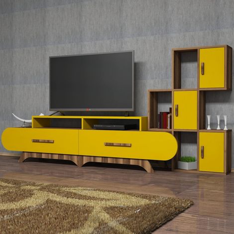 Serralta Wohnwand, Modulare Wohnzimmerschrank, 10 Regale, 5 Türen, Walnussbraun (1/4)