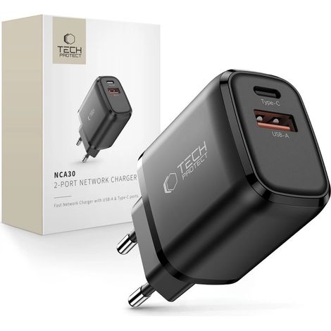 Tech-Protect NCA30 PD 30W / QC3.0 USB-A / USB-C Wandladegerät – Schwarz