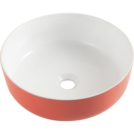 Vasque à poser ronde en céramique – Diamètre 385 mm – Hauteur 140 mm – Couleur extérieure rouge corail – Sans trop plein – Alterna