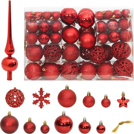 111 Boules de Noël Couleur ROUGE + étoiles + flèche pour sapin de Noël (1/3)