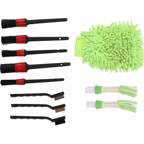 Ensemble de 11 brosses de nettoyage et d'entretien automobile en plastique vert pour l'intérieur et l'extérieur des roues, des essuie-glaces et des vitres. (1/5)