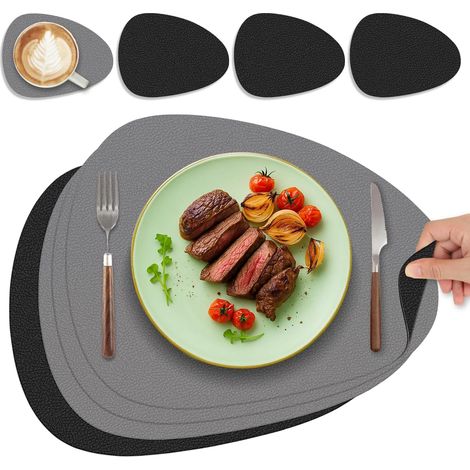 Lot de 4 sets de table ovales en cuir lavable, double face, antidérapants, noir et gris. (1/5)