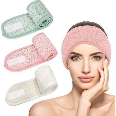 Diademas de maquillaje de 3 piezas, diademas ajustables para mujer con velcro, adecuadas para maquillaje, baño y cuidado facial/spa – verde, rosa, blanco (1/5)