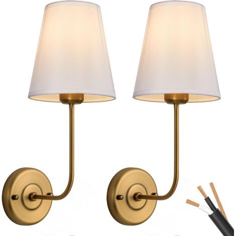 Lot de 2 appliques murales vintage en laiton antique – Abat-jour en tissu blanc – Installation câblée recommandée – Compatible ampoules LED (1/5)