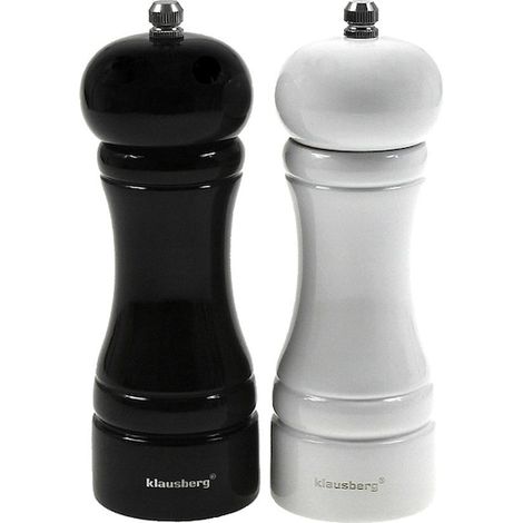 Ensemble de 2 moulins à sel, poivre et autres épices, en bois massif, rechargeables, 5,5 x 16,3 cm, mécanisme réglable, noir et blanc. (1/4)