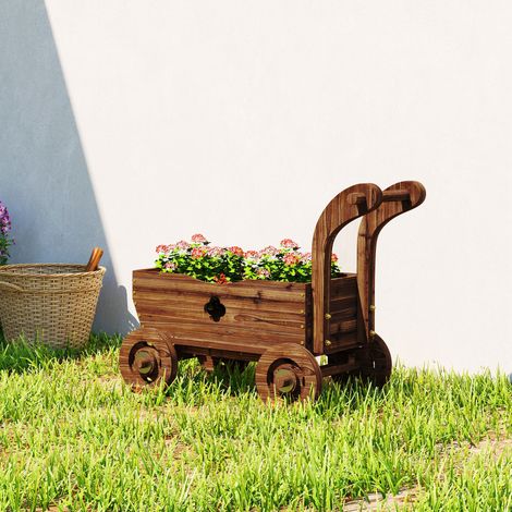 Hochbeet Holz, Pflanzbeet in Wagenform Frühbeet mit 4 Rädern Griff Gartenbeet 68 x 38 x 52cm