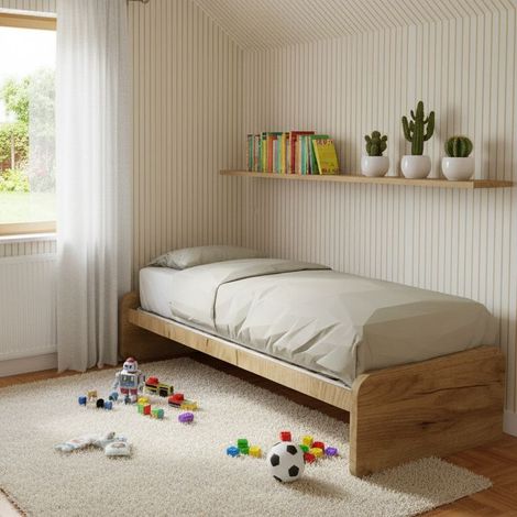 Letto singolo cameretta 80x190 con rete a doghe in acciaio e faggio - Quercia