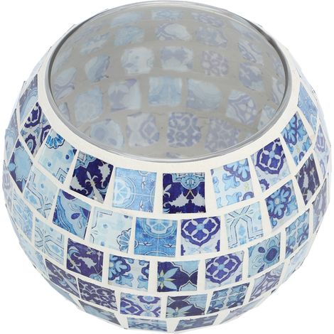Porte-bougie chauffe-plat en mosaïque de verre bleu et blanc, texture artisanale chaleureuse et romantique, idéal pour offrir des bougies.