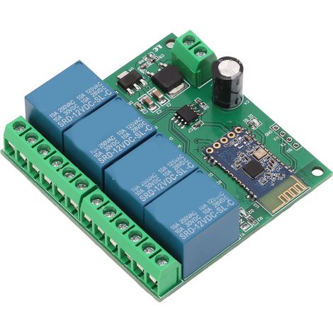 Module relais Bluetooth 4 canaux avec télécommande, forte capacité anti-interférences pour maison connectée, alimentation 12 V CC. (1/5)