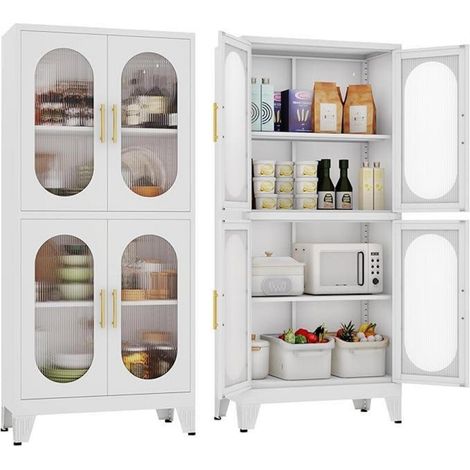 Metall-Küchenschrank 155cm mit 4 Glastüren und 2 Regalen, weiß (1/5)