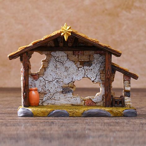 Crèche De Noël - Stable Rustique En Résine - Scène De La Nativité Avec Mangeoire - Figurines De La Naissance De Jésus - Décoration De Table Ou Cheminée - 1 Pièce (1/5)