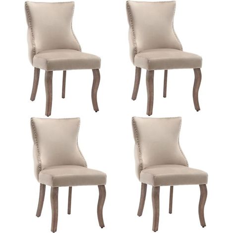 Lot de 4 chaises de salle à manger beige en velours capitonné, pieds en bois massif, 50×52×91 cm (1/5)