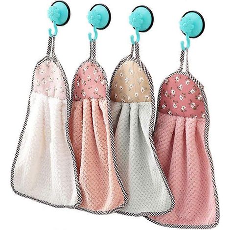 Mujixi Lot de 4 serviettes suspendues pour sécher les mains, serviettes épaisses en velours corail, séchage rapide et tissu doux pour les enfants (1/5)