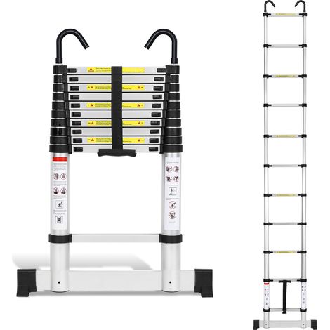 Randaco Escalera telescópica Pro de 3,2 m plateada con estabilizador y ganchos, 150 kg