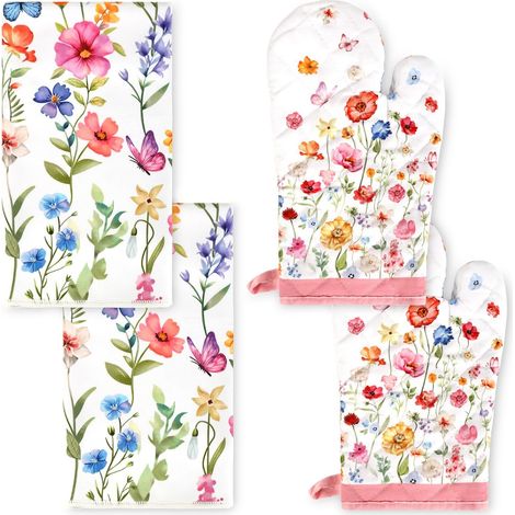 Lot de 4 Rétro Fleur Sauvage Gants et maniques en Coton Résistant à Chaleur, Printemps Torchon Cuisine en Polyester Absorbant pour la Cuisson du Barbecue Décoration (1/5)