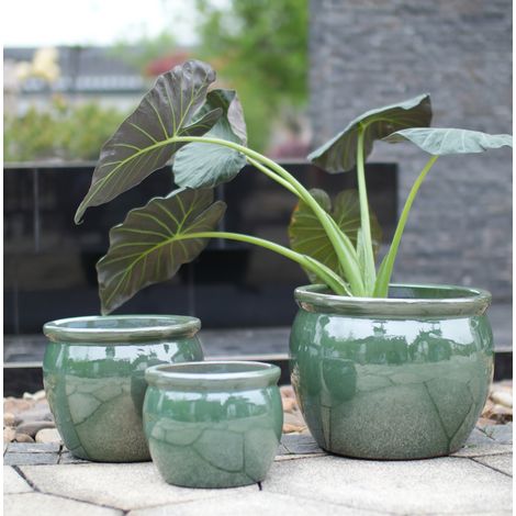 Pot de fleurs Ø30 cm en céramique bleu-vert antique, avec drainage pour balcon FloraGrace (1/5)