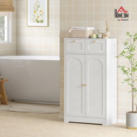 Badezimmerschrank mit 2 Schubladen, Doppeltüren mit Bogen, verstellbaren Einlegeböden, 60 x 30 x 108 cm, weiß (1/5)