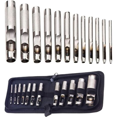 12 Pcs Poinçon Creux en Cuir Kit d'Outils de Poinçonnage,pour le Cuir, Bande de Montre, Toile, Oeillet 3mm-19mm (Métal) (1/5)