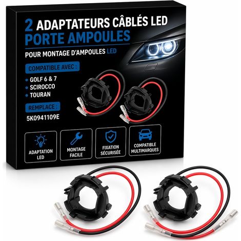 2 Adaptateurs cablés LED GOLF 6 & 7 / Scirocco / TOURAN - Porte Ampoules - Remplace 5K0941109E