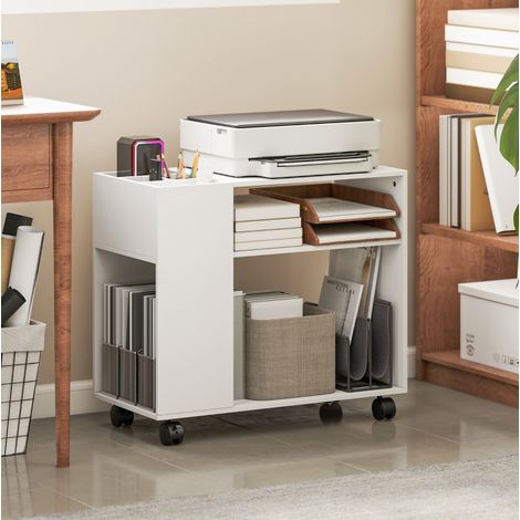 Meuble imprimante 70x34x60 cm blanc en bois avec roulettes et rangements ouverts (1/3)