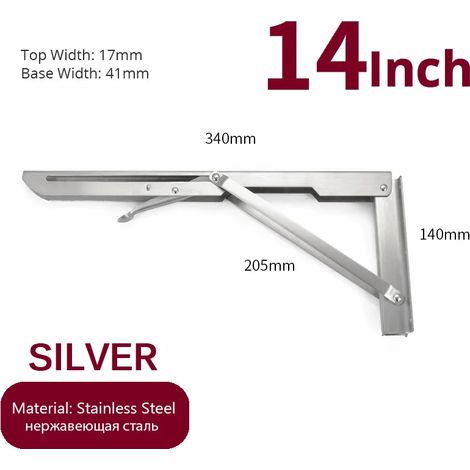 (Argent 35,5 cm - FR) 2 équerres pliantes en acier inoxydable, blanc et noir, support mural triangulaire en fer pour étagère, banc ou table (1/5)