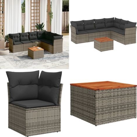 7-tlg. Garten-Sofagarnitur mit Kissen Grau Poly Rattan - Gartenmöbel Set - Esszimmergarnitur Outdoor - Rattan Möbel - Lounge Sofa - Balkonmöbel - Home & Living (1/5)