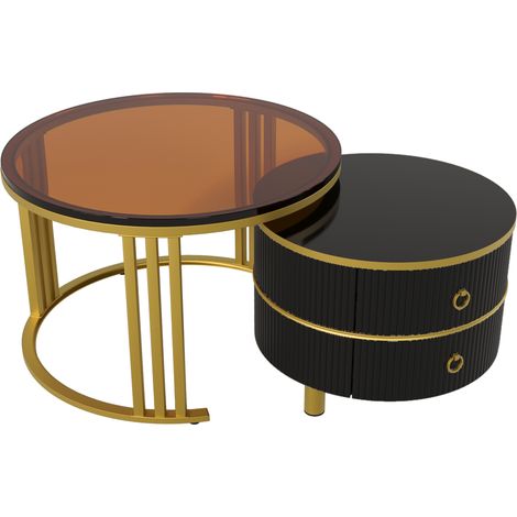 Table basse ronde 2 en 1 MDF, plateau brillant + plateau verre trempé brun, set avec 2 tiroirs, 70x70x45 + 50x50x40 cm