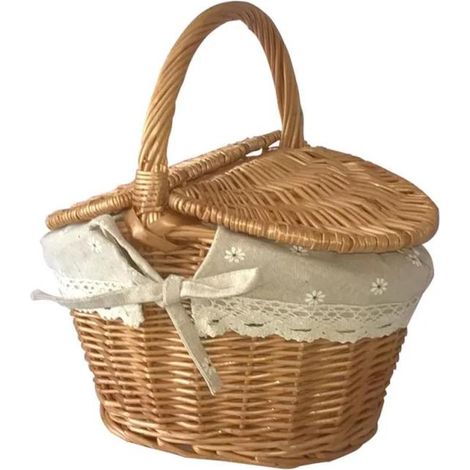 Geflochtener Picknickkorb aus Rattan mit Deckel, Aufbewahrungskorb, Obstkorb, rustikaler Stil, handgefertigt