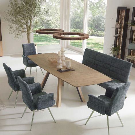 Esszimmer-Set HHG-221, 4er-Set Stuhl mit Armlehne+Sitzbank 180cm, Edelstahl gebürstet Stoff/Textil Chenille blau-grün