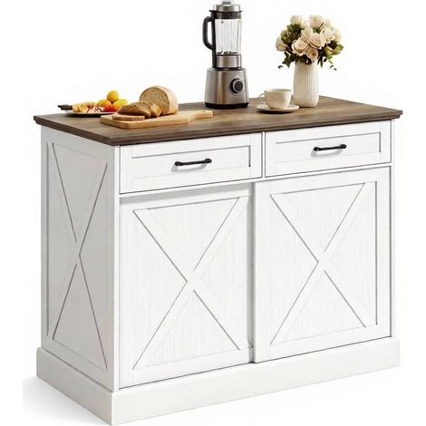 CHICFURN Îlot central de cuisine avec rangement, desserte de cuisine avec 2 tiroirs, placard à porte coulissante et plan de travail, blanc et bois foncé (1/5)