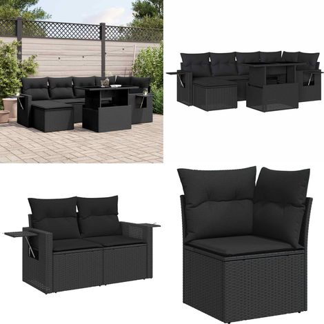 7-tlg. Garten-Sofagarnitur mit Kissen Schwarz Poly Rattan - Gartenmöbel Set - Esszimmergarnitur - Outdoor Möbel - Lounge Garnitur - Rattan Gartenmöbel - Home & Living (1/5)