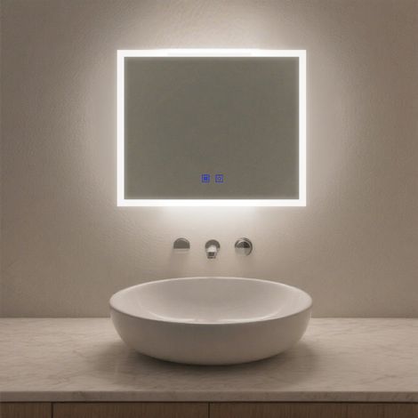 LED Bathroom Mirror 600x500mm Wall Mounted Anti-Fog Demister Touch Control 3 Colour Lights IP44 Mains Powered