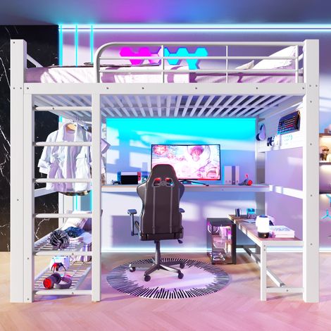 Lit mezzanine 140x200 cm en métal avec LED, étagères, bureau en bois, barre pour sécher le linge, blanc
