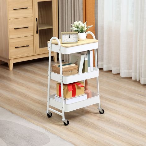 Carrello cucina 45x31x79,4 cm bianco con 3 ripiani, coperchio e ruote (1/5)