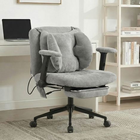 Chaise de bureau pivotante réglable avec coussin lombaire gonflable, roulettes et repose-pieds, tissu - gris