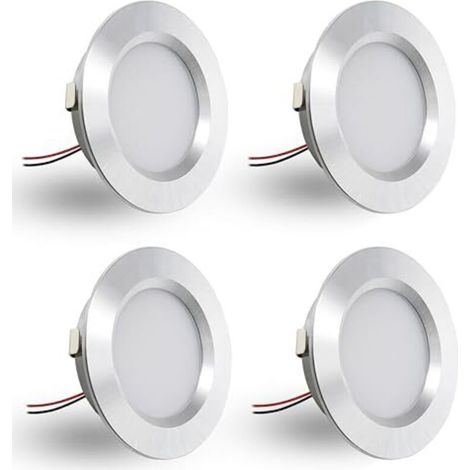 Set mit 4 12V 3W LED-Einbaustrahlern, Flachstrahler für 55-58mm und 14mm Montagelöcher, dimmbare 12V Deckenstrahler IP44, Einbau-Möbelstrahler (Silber, Warmweiß 3000K)