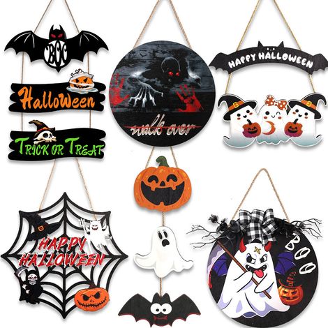 Fantasma Bianco di Halloween - Ciondoli in legno - Decorazioni per la casa a tema Halloween - Ciondolo a forma di pipistrello per la porta - Ciondolo a forma di lettera con ragnatela - Decorazione da  (1/5)