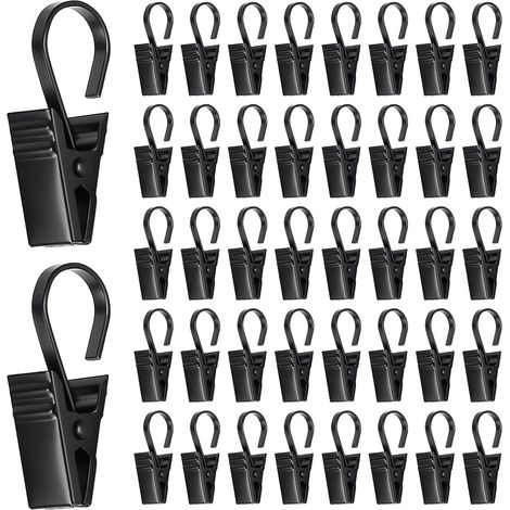 60 Pièces Pince Rideau en Métal, Clips en Acier Inoxydable avec Crochets, Noir Anneaux à Pince pour Rideaux Attache Photo Douche Douche et de Fenêtre (1/5)
