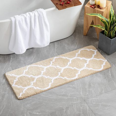 Moroccan-style rectangular bathroom mat, soft and fluffy microfiber non-slip shower entrance mat, 45 x 120 cm, khaki.